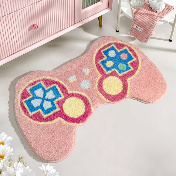 TANVILL Bathroom Rugs Pink Gamepad Bath Mat Cute Bath Rug, Non Slip Washable Cool Rug Absorbent Funny Rugs Shower Carpet for Bathroom Floor Bedroom Funky Decor, 20"x 32"