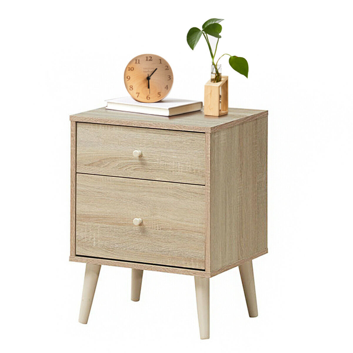 Gymax Nightstand 2-Drawer Beside End Side Table w/Rubber Legs Oak Finish