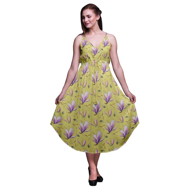 Bimba Robe Midi d'Été Imprimée à Fleurs pour Femmes, Col en V, Tenue de Vacances-TTG