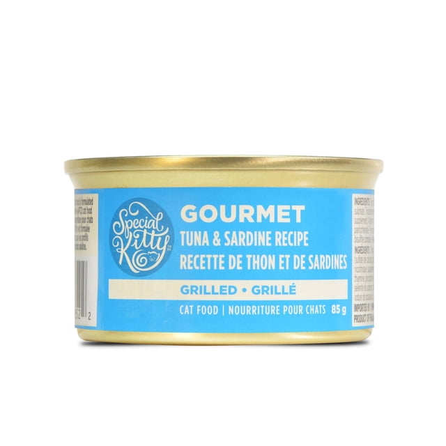 Special kitty Recette au Thon Grillé et aux Sardines, Nourriture Gastronomique pour Chat en Conserve avec Étiquette Bleue et Couvercle Doré, 85 g, Formulée pour les Chats Adultes avec Thon Grillé et Sardine, Offrant une nutrition Complète et Équilibrée Sans Additifs Artificiels.
