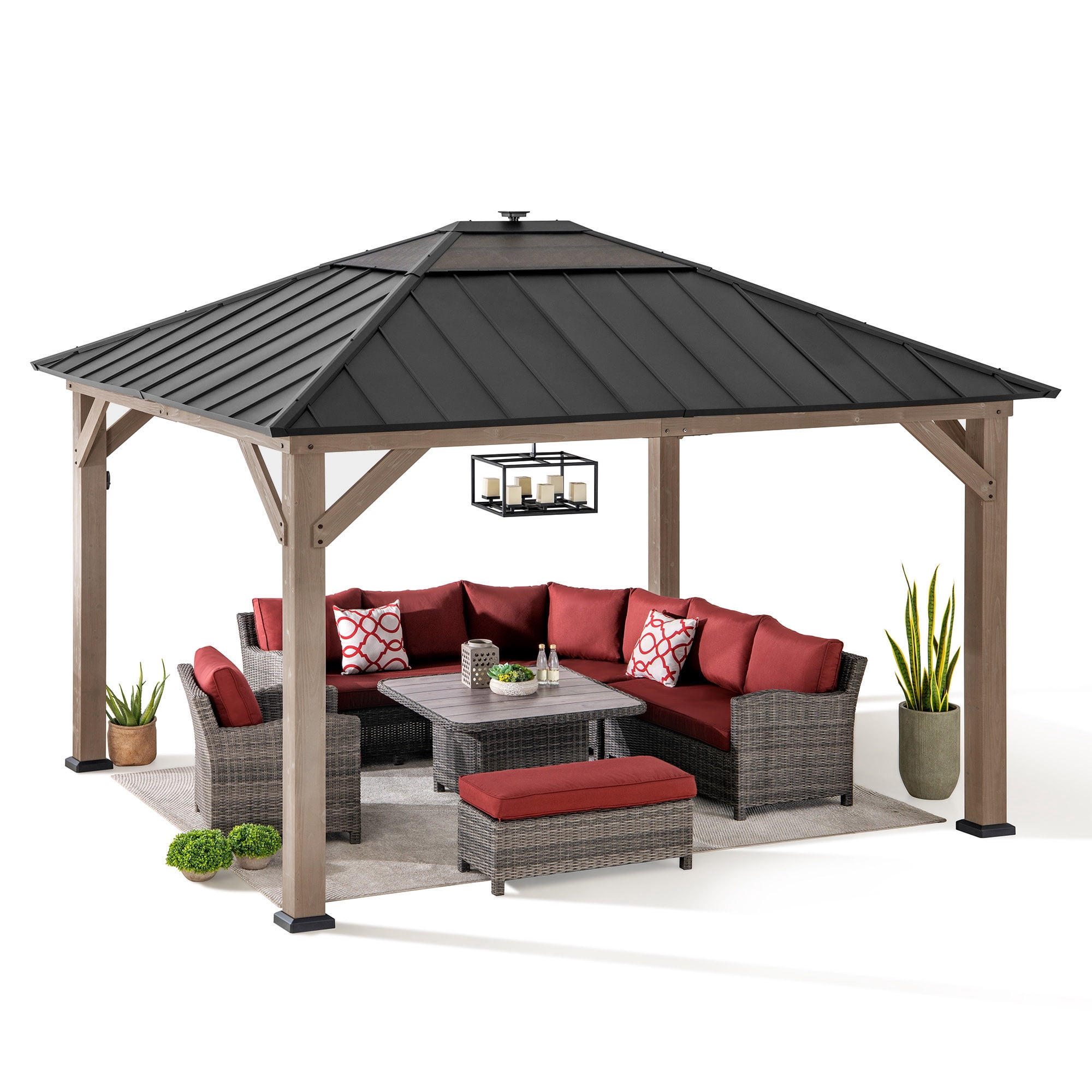 Sunjoy 11’ x 13’ Grayden Wood Gazebo , Outdoor Patio Solar Powered Hardtop Gazebo with One-Tier Metal Roof, LED Light and Ceiling Hook