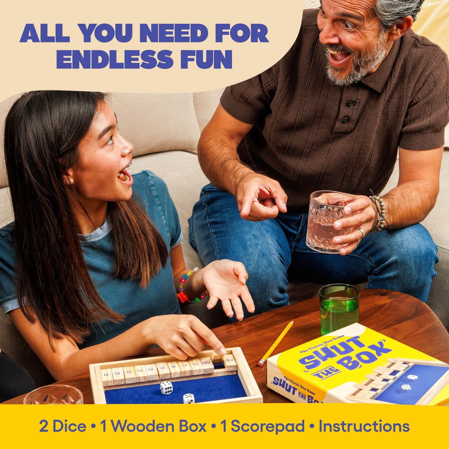 Shut The Box by Relatable, Strategy Board Games for Kids and Adults, Includes 2 Dice, 1 Wooden Box, 1 Scorepad, and Instructions