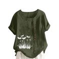 thumbnail image 3 of QATAINLAV Hauts en Coton et Lin pour Femmes 2025 Col Rond Manches Courtes Retroussées T-Shirt Tendance à Imprimé Floral Blouse Décontractée Coupe Ample Tenues de Vacances Liquidation Vert Armée m, 3 of 5