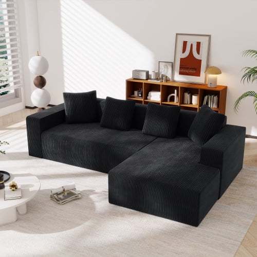 Fully compressed boneless sofa, cloud combination sofa with L-shaped chaise longue, modern modular sofa with deep seats, pillow sofa for living room and bedroom（Black）