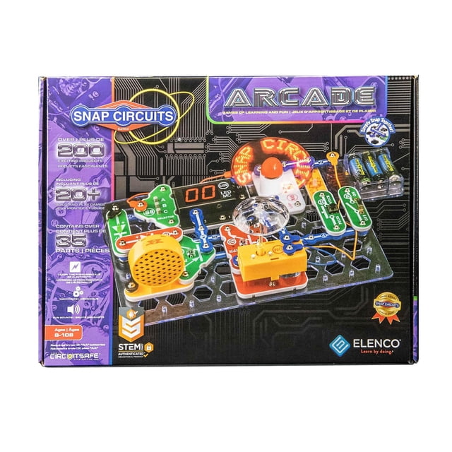 Snap Circuits® Science Ensemble d'Arcade Électronique STIM (SCA-200FR) avec une Grille de base Claire et 30 modules Snap Colorés Incluant un Haut-Parleur Jaune, un Microcontrôleur orange, un Orbe Lumineux Tricolore et un Double Affichage LED, Offrant Plus de 200 Projets de Physique et de Circuits pour 8 à 108 Ans, Convient à l'Apprentissage de l'Électronique et à la Résolution de Problèmes.