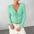 thumbnail image 2 of Plebaso Women's Spring Summer Tops Crop Bell Long Sleeve Ribbed Shirts V Neck Drawstring Casual Knit Tee, 2 of 6
