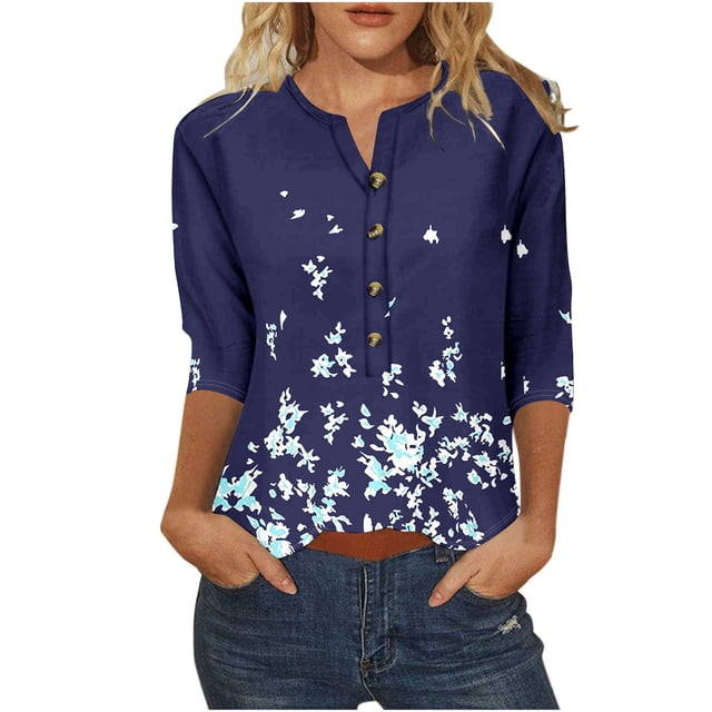 Womens Printed Button 3/4 Sleeve T-shirt Loose Top