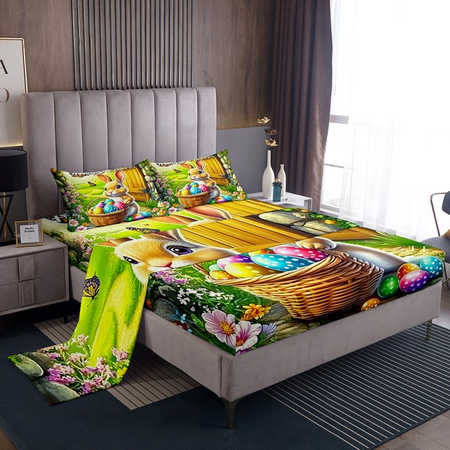 Erosebridal Easter Rabbit Full Sheet Sets,Floral Eggs Bedding Full Size,Festival Room Decorative,Lightweight,4-Piece