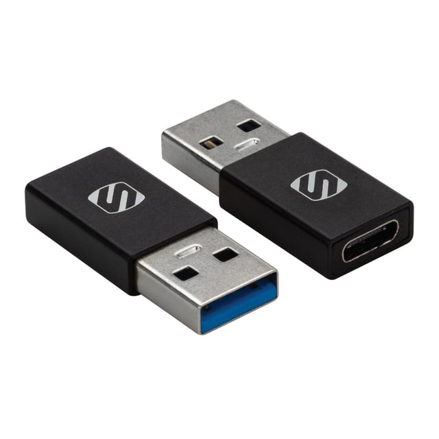 Scosche ACA-2PKSP Strikeline USB Type-C to USB Type-A Adapter 2-Pack in black showing one adapter with a USB Type-A male connector featuring a blue insert and the other with a USB Type-C female port, both with matte black rectangular bodies and silver Scosche logos, suitable for charging and transferring data between USB-C and USB-A computer accessories and cables.