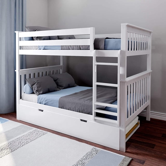 BEDSMART Lits Superposés Double sur Double en Bois Massif avec Tiroir-Lit / Blanc