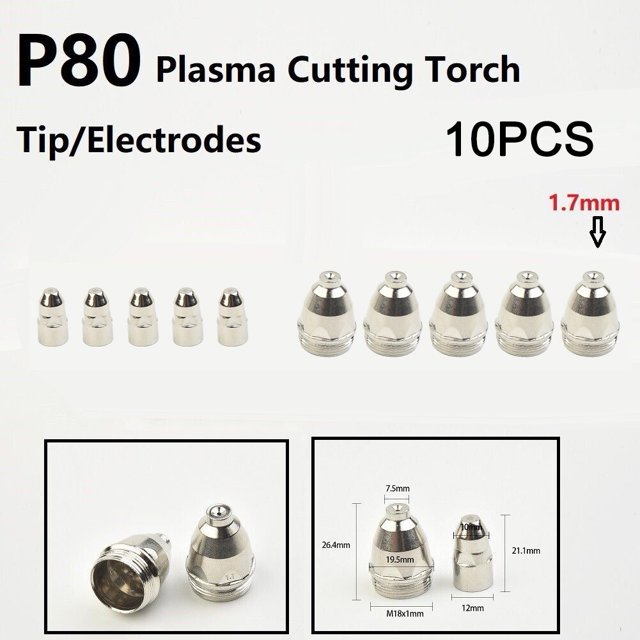 10pcs P-80 Plasma Cutter Consumable Torch Kit 1.1mm-1.7mm Nozzle Tip Electrode
