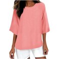 thumbnail image 3 of QATAINLAV Ventes du Jour Liquidation, T-Shirts Surdimensionnés pour Femmes Manches 3/4 Col Rond Hauts Décontractés Amples T-Shirts Basiques Blouse Coton Lin Tenues Tendance Été 2025 Orange TTTG, 3 of 5