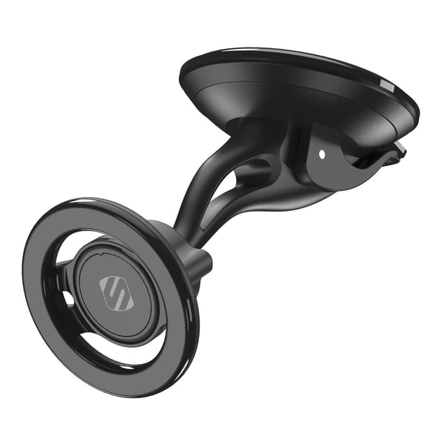 Scosche SMSWD-SP MagicMount™ Magnetic Dashboard/Windshield MagSafe Stand Suction Cup Mount Black with a black circular magnetic phone mount connected by a curved arm to a suction cup base for secure attachment to dashboards or windshields, suitable for hands-free phone use and navigation in vehicles.