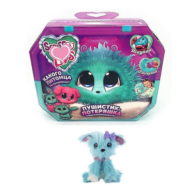 Little Live Scruff-a-Luvs Plush Mystery Rescue Pet, a stuffed animal with glittery ombre fur and sparkling accessories. Includes a heart-shaped comb and hair clip for grooming. The packaging displays a teal plush pet with large eyes and a bow, alongside mystery pet options like a dog, cat, or rabbit family.