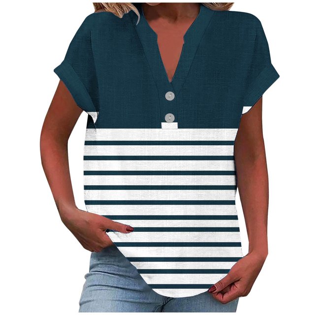 fatyb Womens Printed V Neck Tops Short Sleeve Button V Neck Tshirts Lightweight Summer Beach Blouses