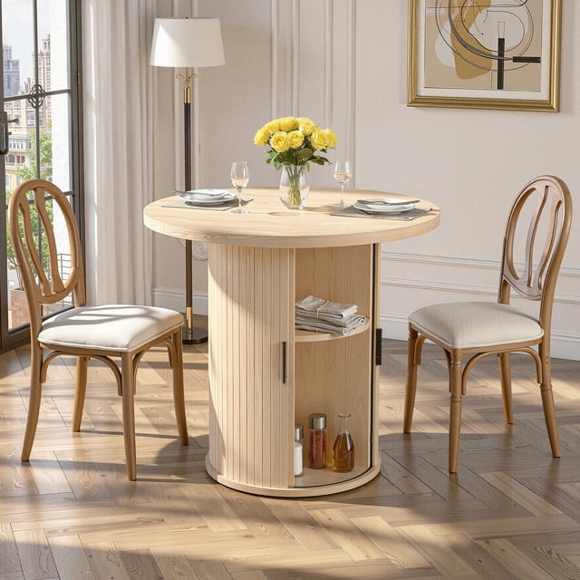 Hawsaiy 31.5" Round Dining Table for 2 with Sliding Door Storage Base, Space-Saving Waterproof Scratch-Resistant Wood Top, Modern Farmhouse Kitchen Table, Natural