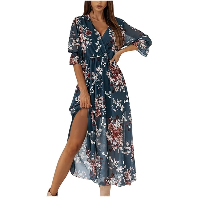 XZNGL Robe Maxi à Manches Longues pour Femmes Mode pour Femmes Bohème Col en V Ample Demi-Manche Ligne A Imprimé Floral Longue Robe Maxi Longue Robe Maxi pour Femmes Robe Maxi Florale pour Femmes