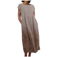 thumbnail image 2 of Meichang Robe d'Été en Coton et Lin à Manches Courtes pour Femme, Col Rond, Coupe Ample, Dégradé, Robe Midi Bohème Décontractée à Imprimé, Robe de Travail Rétro Légère Évasée, Brun, M, 2 of 5