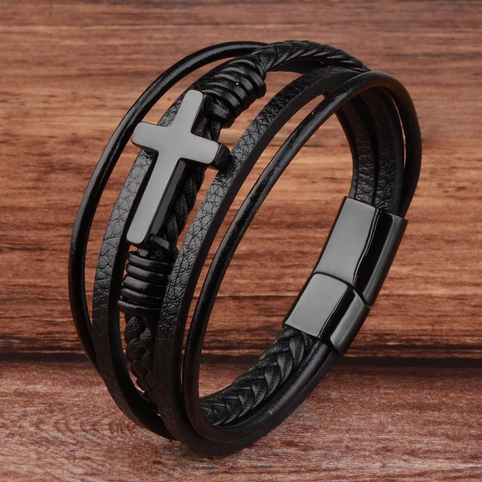 Elegant Layered Leather Bracelet for Men with Plaited Design