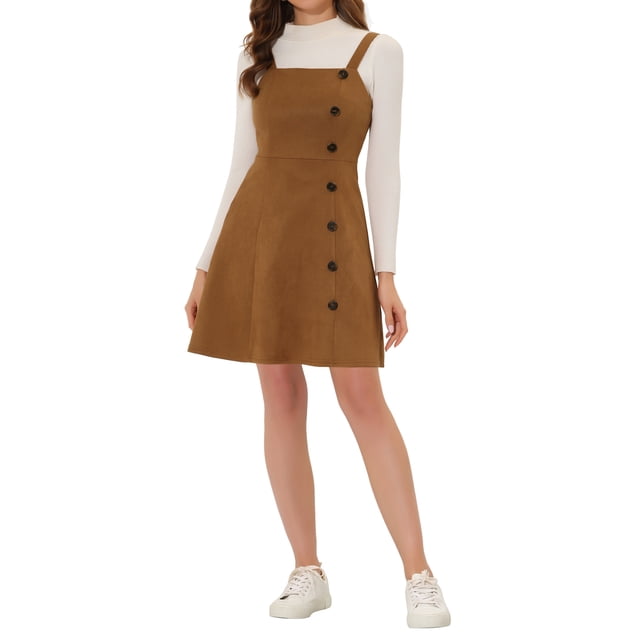 INSPIRE CHIC Women's Faux Suede Button Decor A-Line Mini Overall Dress S Brown