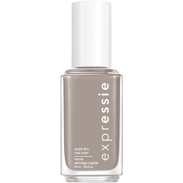 essie expressie quick-dry nail polish in taupe shade with white cap, clear rectangular glass bottle with vertical white text, featuring a patented angled brush for easy application and fast drying formula, 10ml volume ideal for quick nail care.