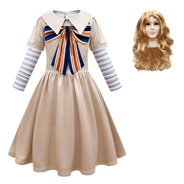 Kawell M3gan Costume pour Filles Megan Costumes Uniforme Robe Tenue d'Halloween avec Manches à Nœud Sac et Perruques