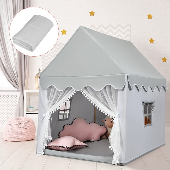 Costway Tente de Jeu pour Enfants Grande Maisonnette Château de Jeu pour Enfants Tente Féerique Cadeau avec Tapis Gris