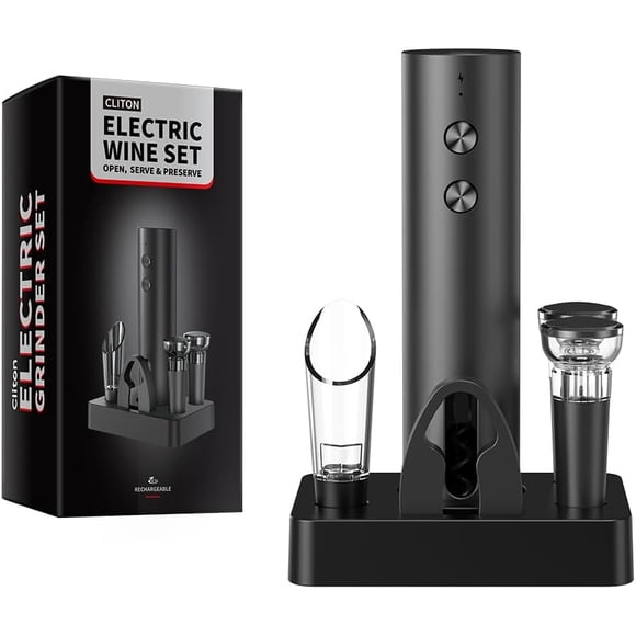 Ensemble d'Ouvre-bouteille Électrique Rechargeable USB-C, Tire-Bouchon Automatique avec Coupe-Feuille, Aérateur Verseur, 2 Bouchons sous Vide et Base de Rangement, Cadeau de Fête Haut de Gamme pour les Amateurs de Vin