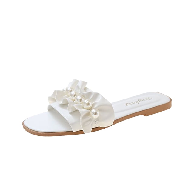 DPTALR Women's Pearl Flat Sole Slippers Holiday Comfortable Flip Flops