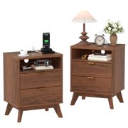 BeesClover 19.7" Fluted Nightstand with Charging Station, Solid Wood Nightstands with 2 Drawers and Open Shelf, Mid Century Modern Bedside Table End Tables for Bedroom, Living Room