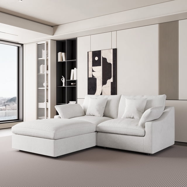The Magic Home Canapé Sectionnel Modulaire en L en Lin avec Ottoman, Blanc
