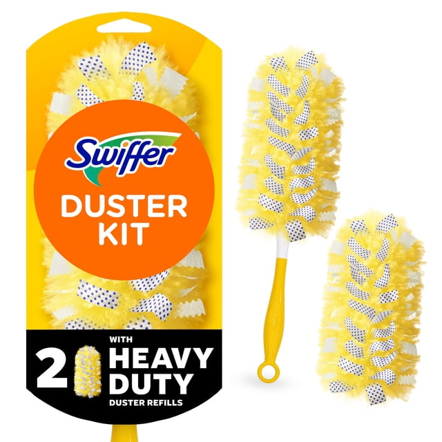 Swiffer Duster Kit with Short Handle featuring a yellow heavy duty duster with dust-busting strips and specially coated fibers for 360-degree dusting, including two refill dusters ideal for removing dust and allergens from tight spaces.