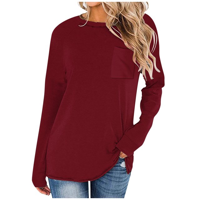 Yuyuzo T-Shirts à Manches Longues pour Femmes Col Ras du Cou Décontractés Basiques Doux Amples Couleur Unie Hauts d'Automne