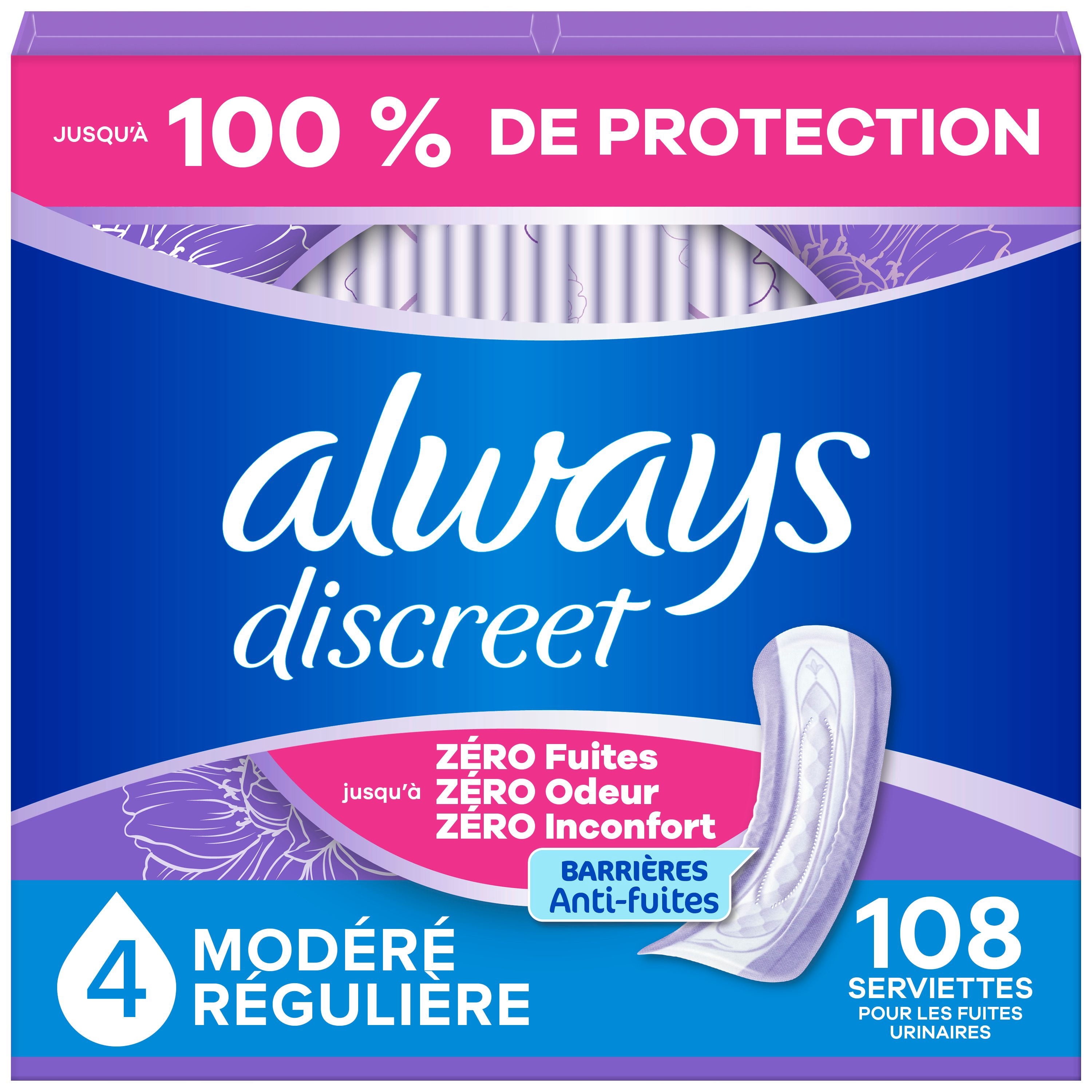 Always Discreet Adult Incontinence Pads for Women, Moderate Absorbency, Regular Length, Postpartum Pads