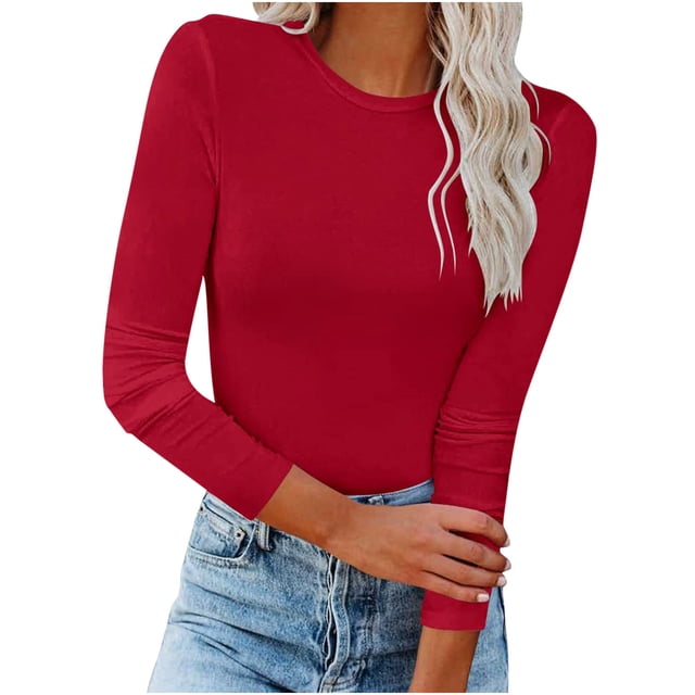 IROINID Offres Womens Hauts Grande Taille Automne Manches Longues Extensible Ajusté T-Shirt Blouse Basique Uni, Rouge
