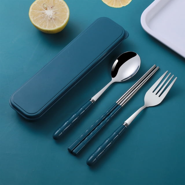 Ycandiee Portable Utensils, Travel Reusable Flatware Set for Lunch, featuring a stainless steel fork, spoon, and chopsticks with ergonomic handles in a matching blue case. Ideal for camping, picnics, hiking, or office use. The set is compact, portable, and includes a zippered case for hygiene and convenience.