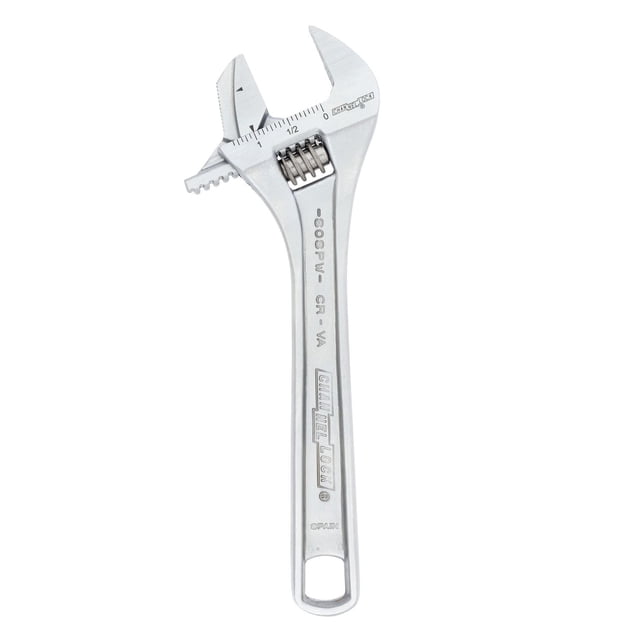 CHANNELLOCK 8" Adj Wrench forged from chrome vanadium steel with reversible jaw for bolts and round stock, extra wide jaws with laser-engraved inch and millimeter scales, precise 4-thread knurl adjustment, and tapered handle with hanging hole, ideal for plumbing and mechanical use.