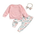 thumbnail image 1 of Baby Girls Spring Fall Clothes Set Solid Color Long Sleeve O-neck Tops Floral Print Trousers Bow-knot Headband, 1 of 6
