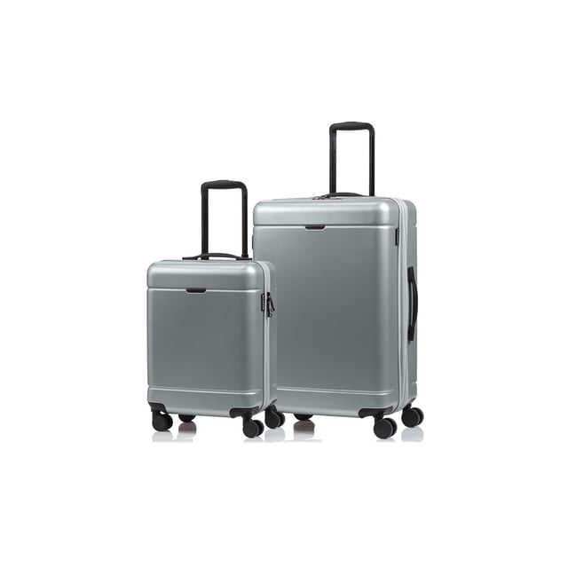Champs Express Norway Collection 2 Piece Luggage Set with 28-inch expandable polycarbonate suitcase and 20-inch TSA-approved carry-on case, featuring telescopic handles, 360-degree spinner wheels, and interior organizers in silver.