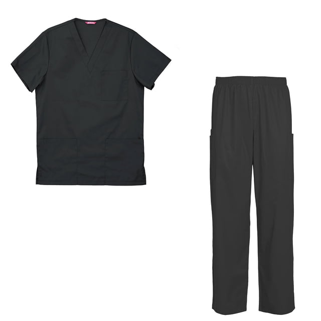 Men's Scrubs Set featuring a v-neck scrub top and matching pants in a dark color, ideal as a medical uniform. The scrub top includes two patch pockets, one chest pocket, and side slits for mobility. The pants feature two cargo pockets, a cell phone pocket, and an outside scissor pocket. Made from 65% polyester and 35% cotton, suitable for machine wash.
