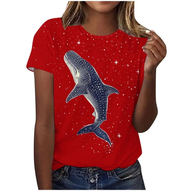 Tnhcen T-Shirt de Base à Manches Courtes d'Été à Col Rond pour Femme avec Imprimé d'Animaux Marins / Extensible, Respirant, Grande Taille (P-3TG) / Décontracté, Plage, Usage Quotidien