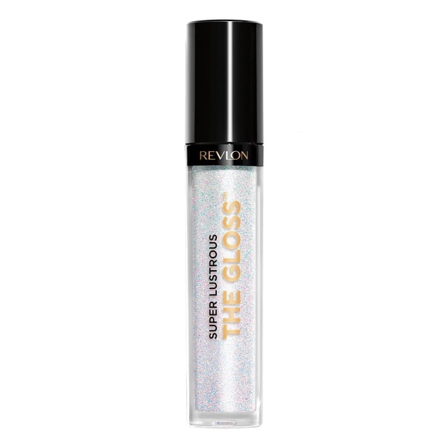 Revlon Super Lustrous™ The Gloss lip gloss in a clear tube with black cap, featuring a shimmering iridescent formula with multicolored glitter, delivering lightweight, shiny colour with hydration and moisturizing benefits for plumped lips.