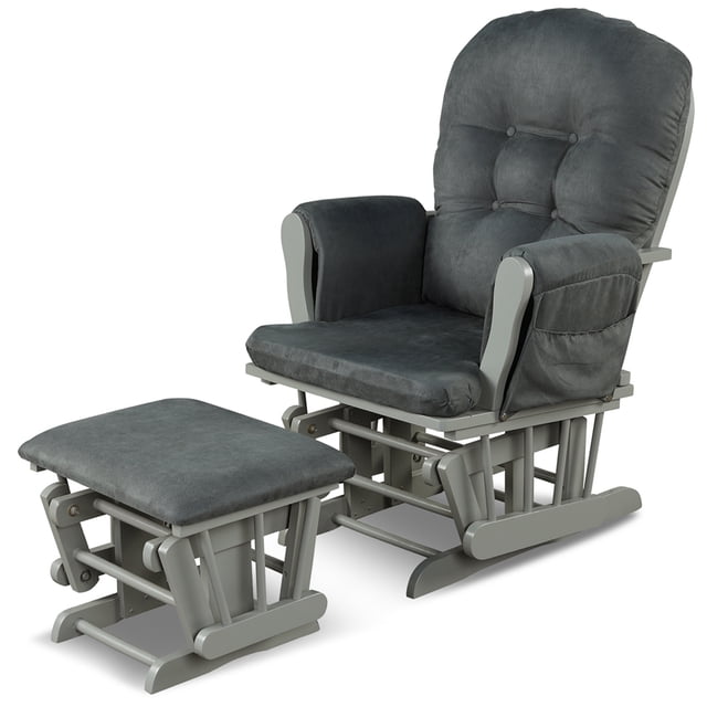 Costway Glider and Ottoman Cushion Set Wood Baby Nursery Rocking Chair in dark grey. This nursery furniture set includes a glider with padded armrests, high backrest, and soft microfiber fabric cushions, along with a matching ottoman designed for footrest use only. Both pieces feature sturdy rubber wood construction, smooth ball-bearing gliding motion, and a storage pocket on the chair. Ideal for maternity and elderly use. Dimensions: Glider 29.5 x 28.5 x 39.5 inches, Ottoman 19 x 15 x 15 inches.