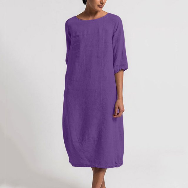 Robe en Coton et Lin pour Femmes Grande Taille Manches 3/4 Col Rond Coupe Ample Droite Unie Midi