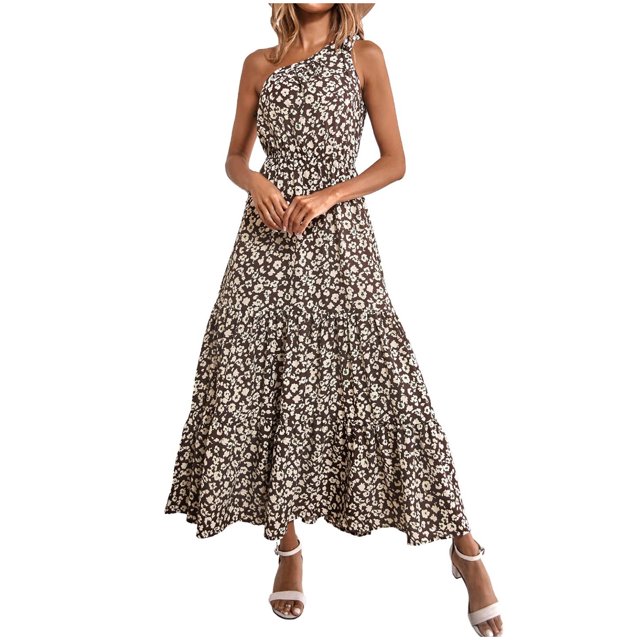 RKSTN Robe d'Été pour Femmes une Épaule Sans Manches Longue Robe Imprimée à Volants Maxi Robe