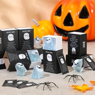 Sentmoon Fantômes d'Halloween Décorations d'Halloween dans le Noir Mini Figurines de Fantôme avec Boîte Mini Fantôme Lumineux en Résine Cartes de Remerciement de Fantôme Ensemble de Boîte de Fête
