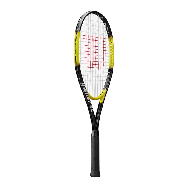 Wilson Energy XL Tennis Racquet with an oversized head and a 4-1/4 inch grip size, featuring V-Matrix technology for a larger sweet spot and enhanced stability. The black and yellow AirLite alloy frame ensures lightweight strength, while Stop Shock pads reduce vibration for better control. Designed for recreational players and beginners, this pre-strung racquet has a 112 sq in head size, 27.5-inch length, and 16x19 string pattern.