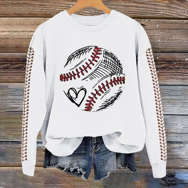 IMENGL Spring baseball print crew neck hooded sweatshirt long, White L, Size M-2XL
