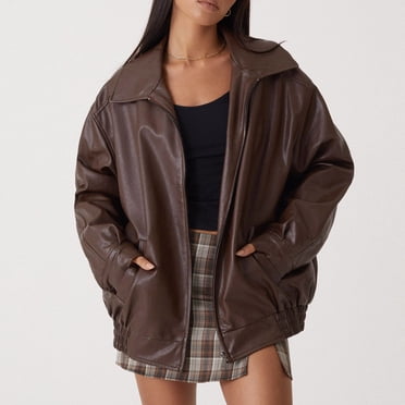 BYHONG Women's Autumn/Winter Solid Color Style PU Leather Jacket Coat Coat for Women Brown L