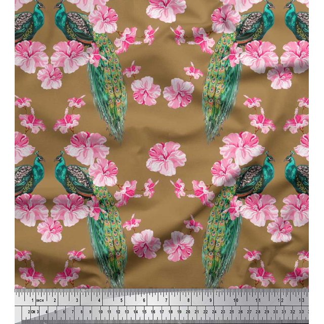 Soimoi Rayon Fabric Floral & Peacock Bird Fabric Prints by Yard 42 Inch Wide